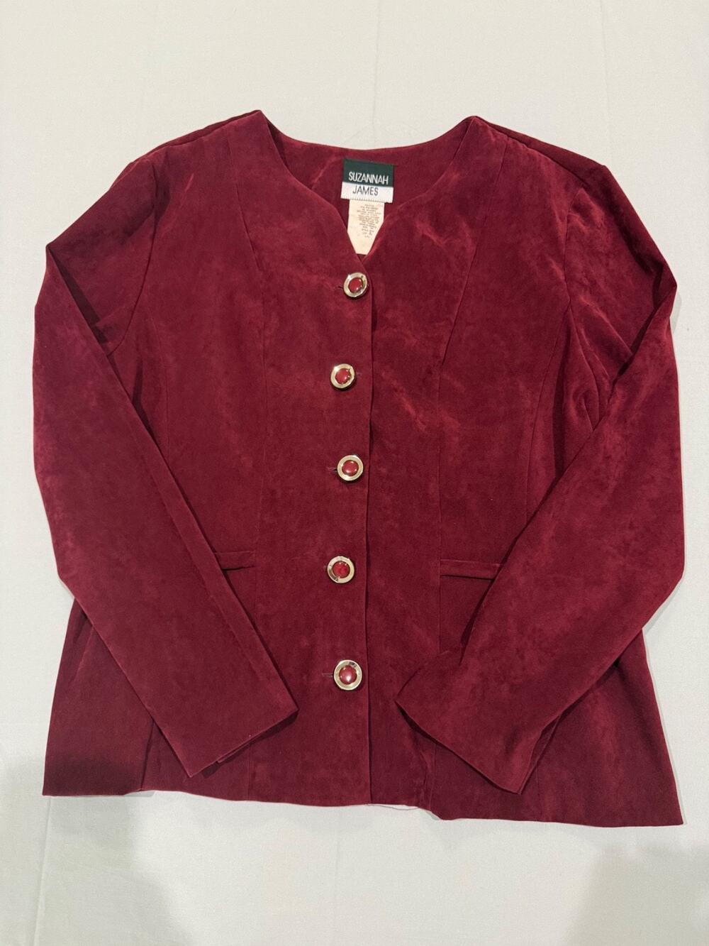 Suzannah James Womens 16P Burgundy Faux Suede Blazer Jacket Button Front